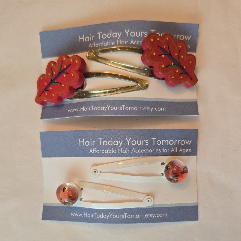 NWT 2 Pairs Handmade Barrettes Red Wood Leaves Glass Bubble Parrots